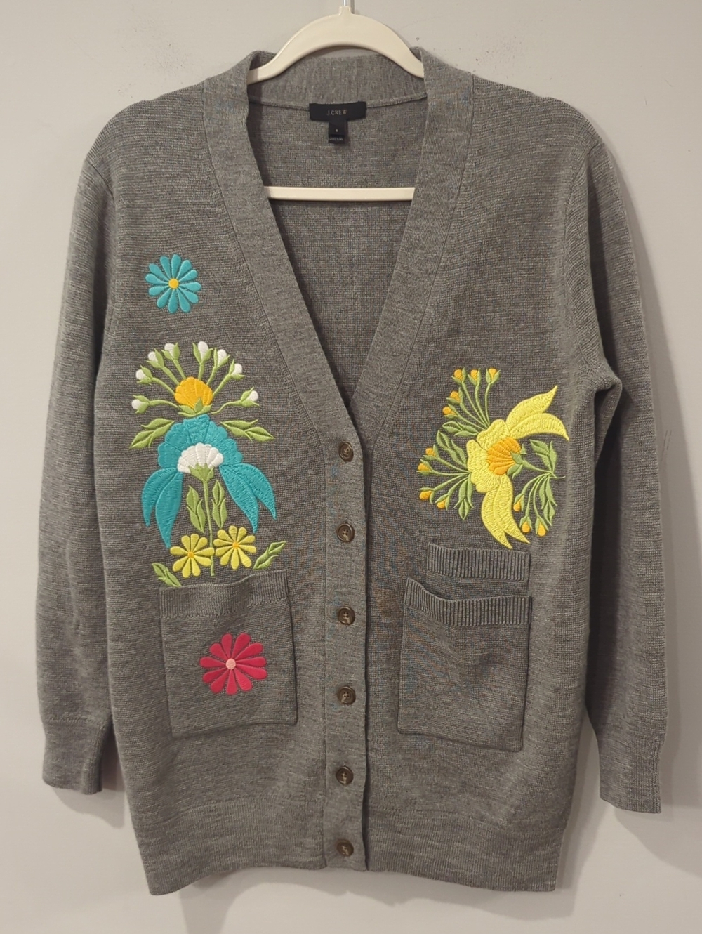 J Crew Cardigan Merino Wool Floral Embroidery Gray *Rare Sample* size Small